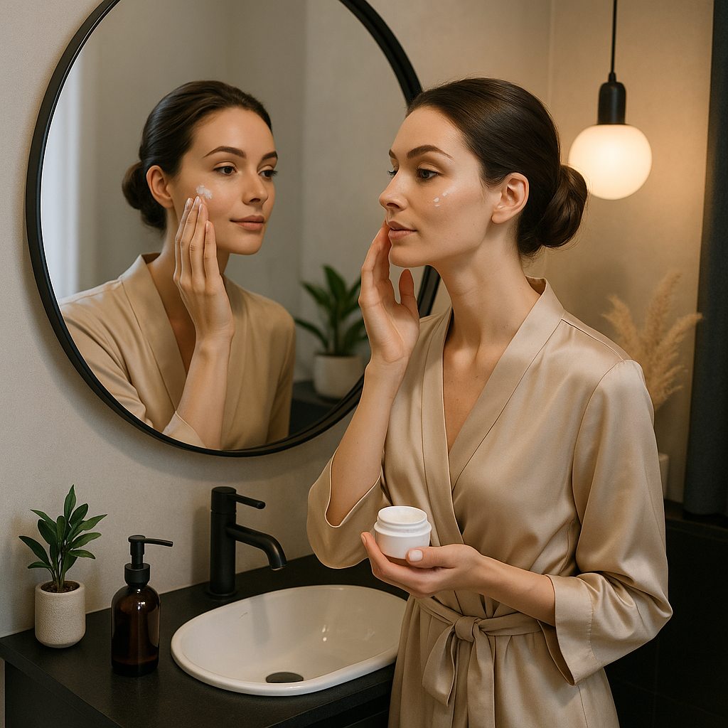 Femme appliquant une crème pour le visage dans une salle de bain moderne